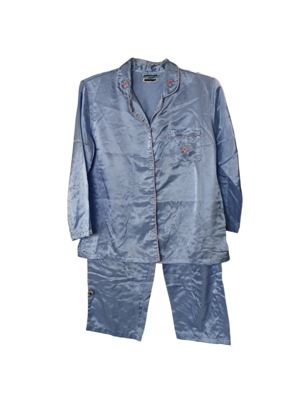 Anthony Richards Light Blue Embroidered Floral Satin Pajama Set Sz M #D-20